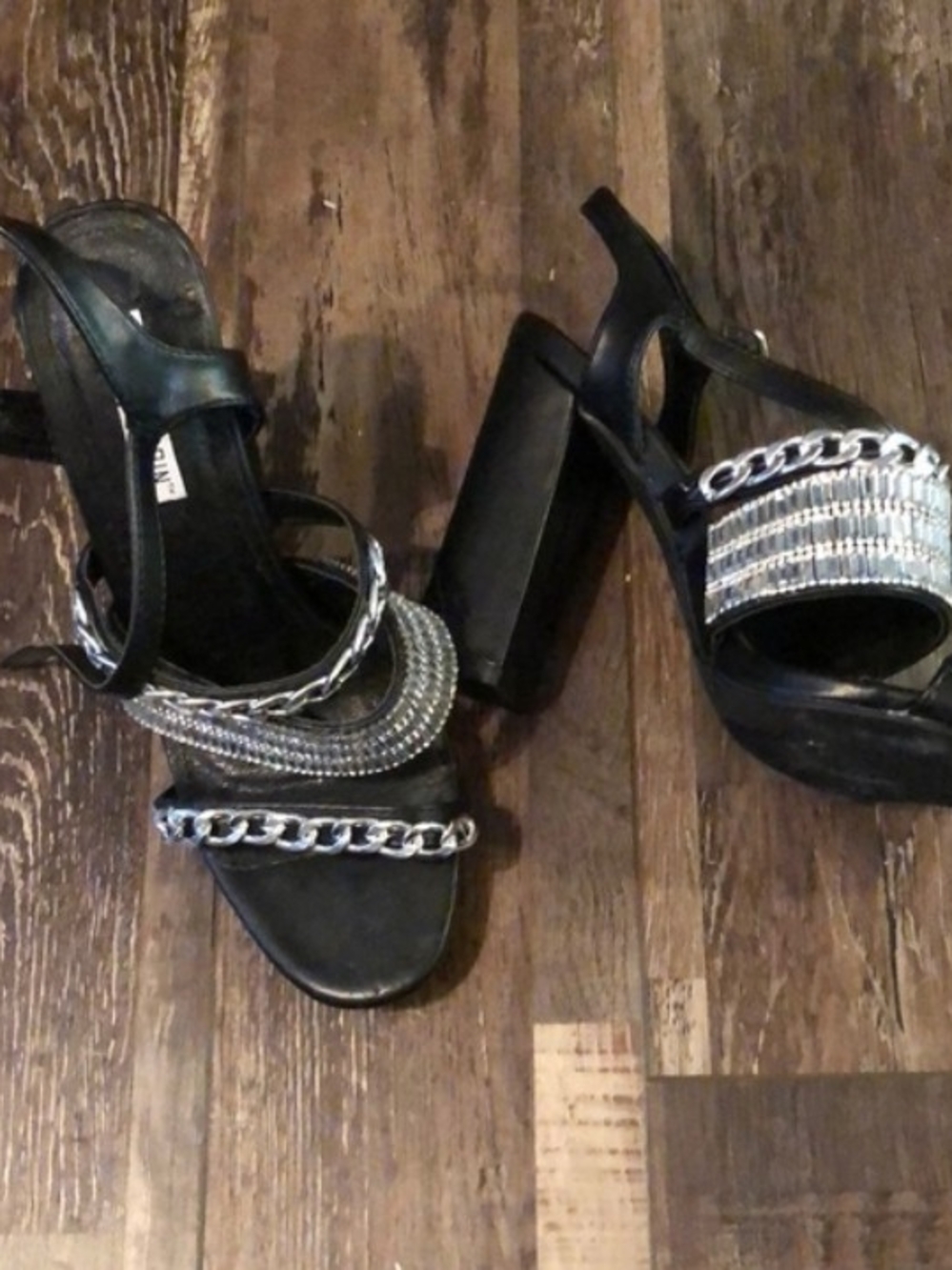 Cape Robbin Black Block Heel Sandals with Silver Chain and Rhinestone Straps